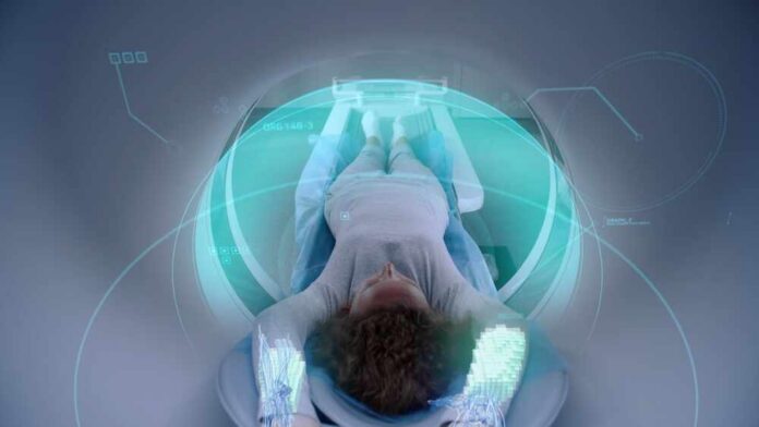 Woman,Undergoes,Mri,Or,Ct,Scan,,Lies,On,Bed,Inside