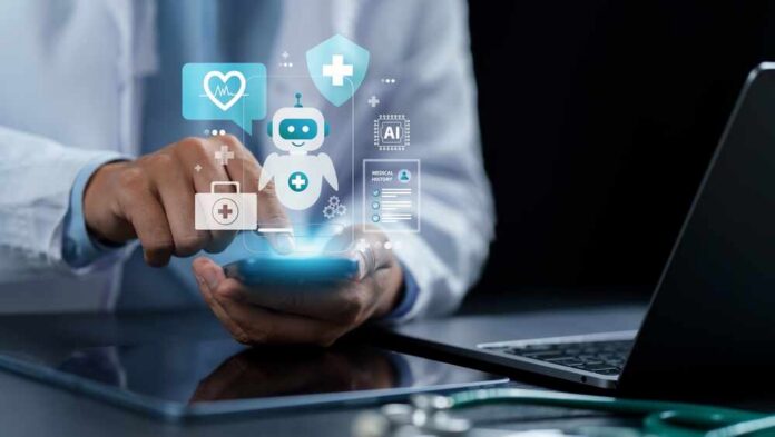 Healthcare professional interacting with a smartphone displaying health-related icons