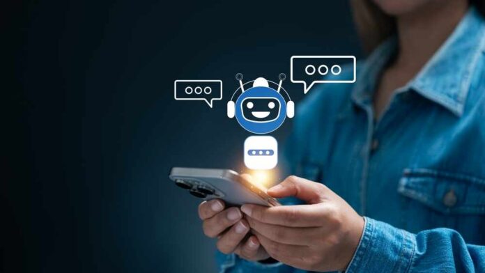 Female,Entrepreneurs,Are,Utilizing,Ai,Chatbots,To,Enhance,Online,Businesses, Person holding a smartphone with a chatbot interface displayed
