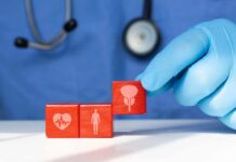 Brown Fat’s Hidden Role in Aging Exposed! A doctor's gloved hand placing red blocks with health symbols on a table