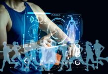 Person interacting with a digital fitness interface displaying health metrics