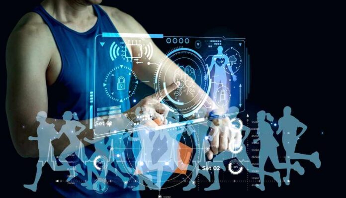 Male,Athlete,Using,Futuristic,Smartwatch,With,Ai,Hologram,Interface,Monitoring Person interacting with a digital fitness interface displaying health metrics