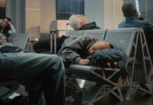 What Left Side Sleeping Does To Your Heart Passengers sleeping on airport benches with luggage nearby