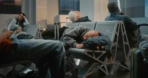 Passengers sleeping on airport benches with luggage nearby