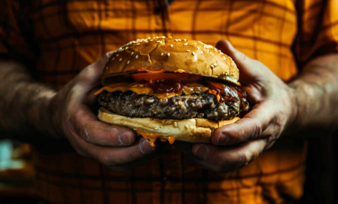 A person holding a large cheeseburger with lettuce, tomato, and condiments