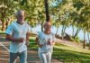 Stronger Midlife, Double Lifespan Odds? Older couple jogging on a lakeside path