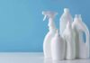 Bathroom Bottles – Hormone Disruptors, Fertility Problems White plastic cleaning bottles against a blue background