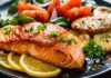 Fish Tied To Fewer Funerals Seared salmon fillet with lemon slices and vegetables