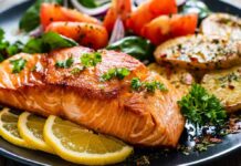 Fish Tied To Fewer Funerals Seared salmon fillet with lemon slices and vegetables
