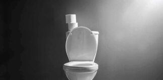 White toilet with open lid against gray wall