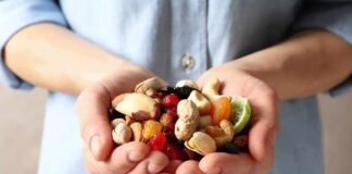 Hands holding mixed nuts and dried fruit