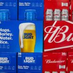 Stacks of Bud Light and Budweiser beer cases