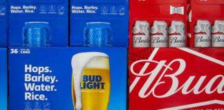 Stacks of Bud Light and Budweiser beer cases