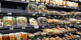 Grocery store refrigerated case with prepared foods