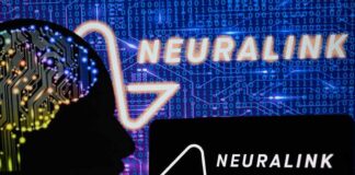 Silhouette of a head with circuitry beside Neuralink logos