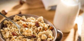 Bowl of granola with raisins and nuts