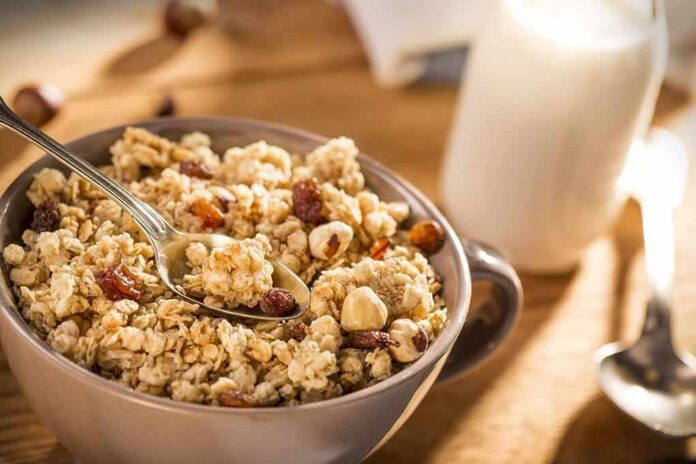 Bowl of granola with raisins and nuts