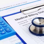 Medical billing statement with stethoscope and blue calculator