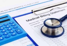 Medical billing statement with stethoscope and blue calculator