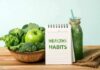 WHO Guide Flips Depression Fix Basket of green vegetables with apple, notebook, and green smoothie
